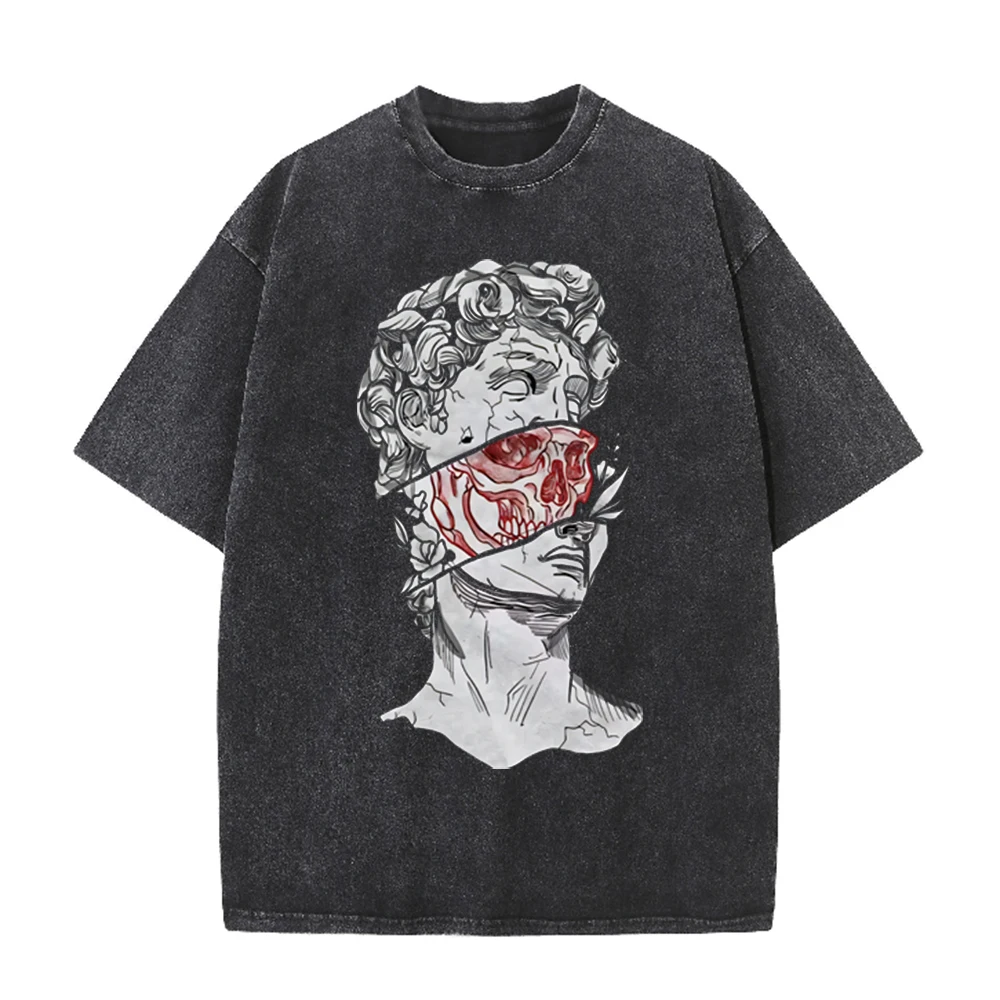 Acid Wash Vintage Graphic T Shirt - 2026年ヴィンテージ ブロークン・デイビッド像 レッドスカルグラフィック ブラックアシッドウォッシュTシャツ ダークエステティック ストリートウェア
