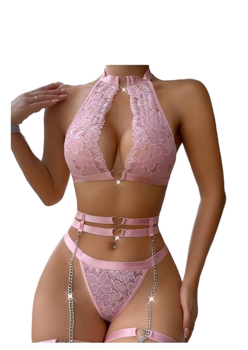 Underwear - セクシーなランジェリーセット、プッシュアップレースガーターランジェリーセット（チョーカー付き）、女性用インナーウェア、アンダーワイヤーブラとTバック、レディース下着セット