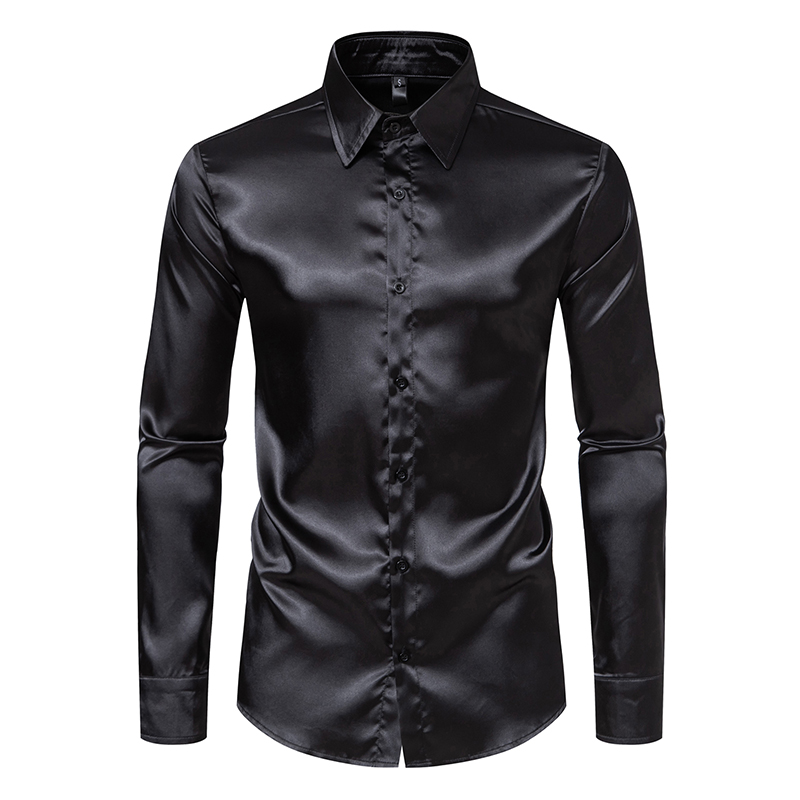 Mens Satin Silk Dress Shirt - メンズブラックサテン高級ドレスシャツファッションシルクスムーズタキシードシャツ固体ウェディングパーティーウエディングカジュアルシャツビジネスオフィス