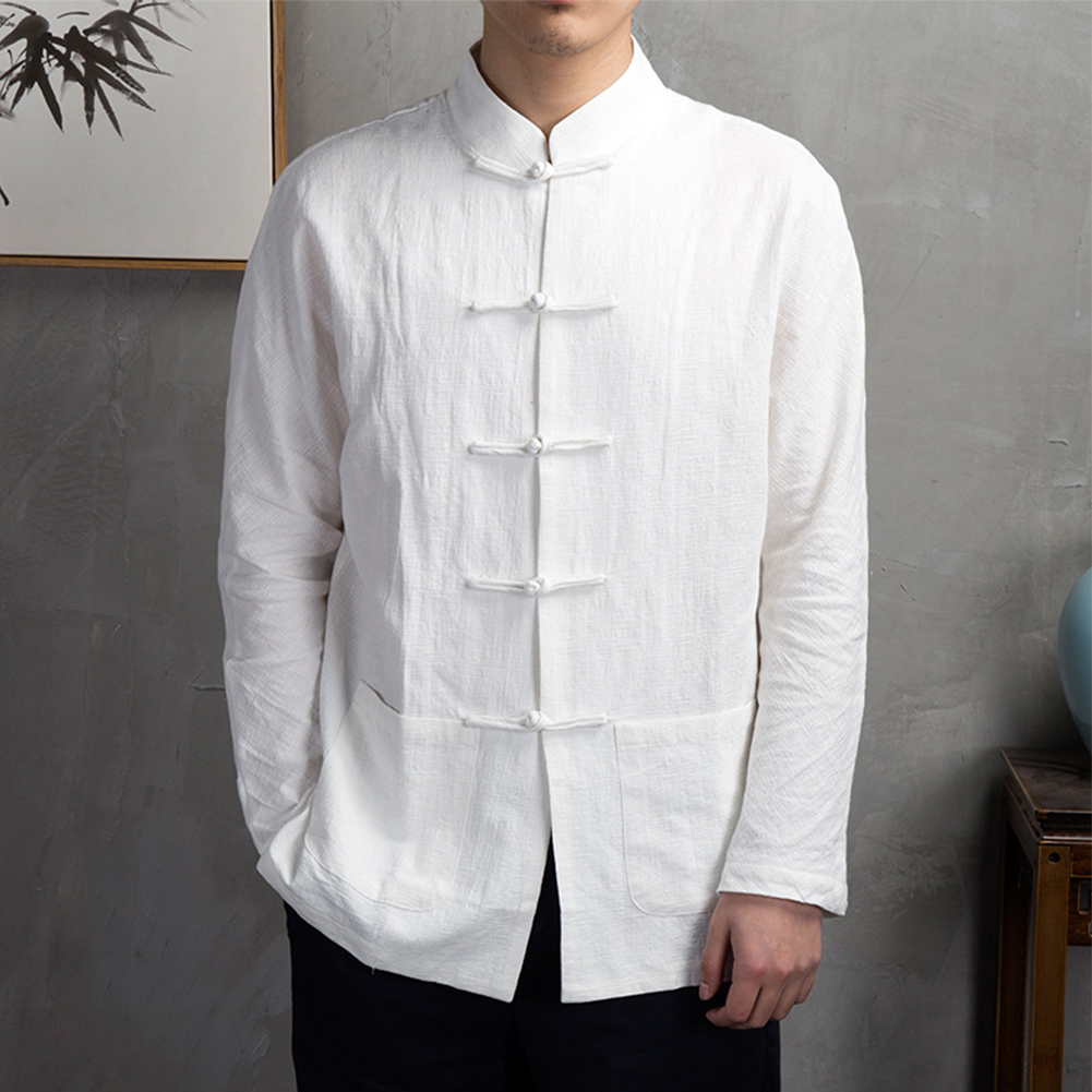 Mens Linen Shirt Long Sleeve - レトロカジュアル男性中国の伝統的な服カンフー太極拳コート唐スーツ長袖シャツ制服男の服