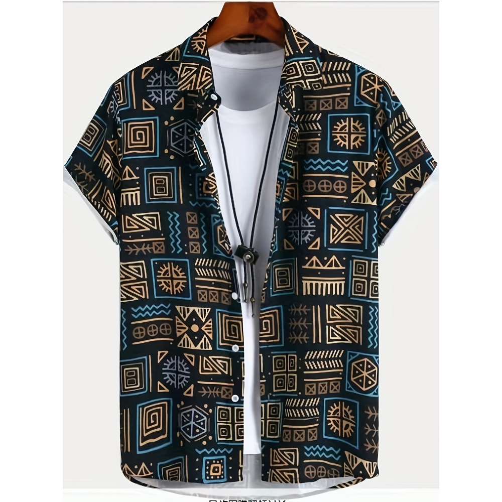 Vintage Hawaiian Floral Shirt - 通気性のある薄手の生地、マルチスタイル、メンズハワイアンシャツ、ヴィンテージアフリカンスクエアシンボル柄、半袖バケーショントップス