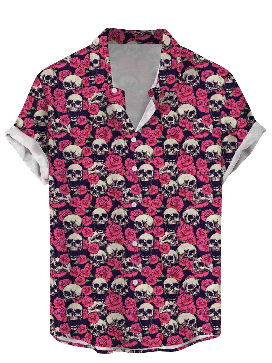Vintage Hawaiian Floral Shirt - メンズ半袖ハワイアンTシャツ,スカル,フローラル,面白い砂糖,3Dプリント,ストリートウェア,ラペル,ヴィンテージ