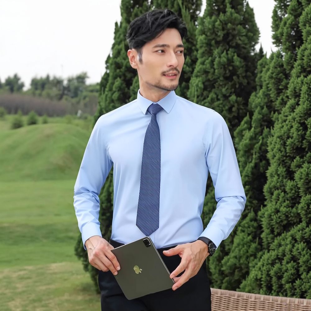 Breathable Bamboo Fiber Shirt Non Iron - メンズファッション、長袖シャツ、竹繊維素材、通気性、抗菌、伸縮性、アイロン不要、ビジネスカジュアル、ドレスシャツ。