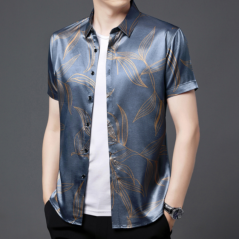 Mens Satin Silk Dress Shirt - 男性用シルクシャツ,夏服,ファッショナブルなプリント,半袖,滑らかなサテンのシャツ,花柄,2022