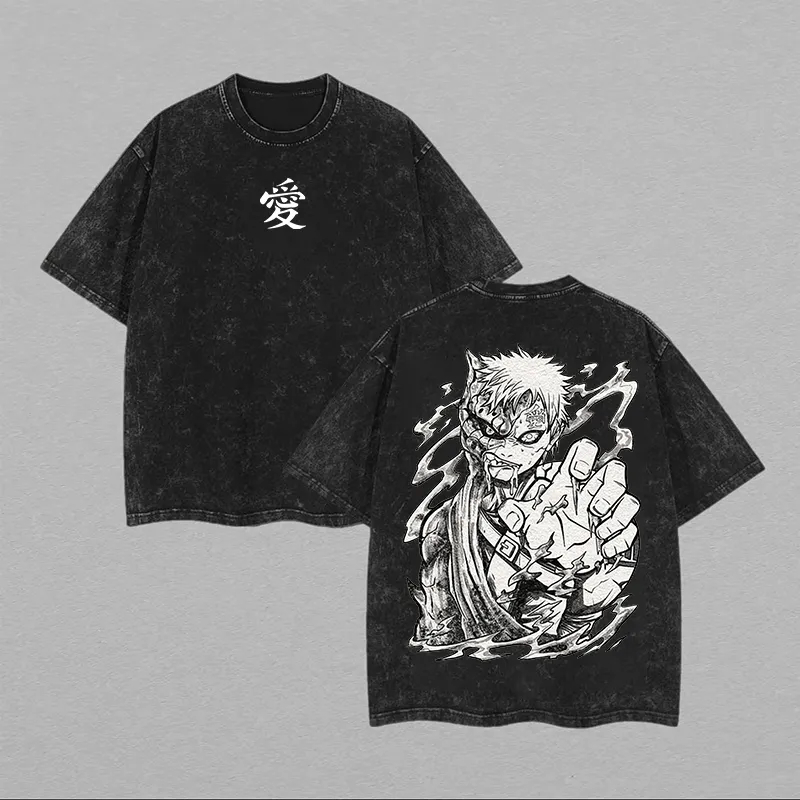 Acid Wash Vintage Graphic T Shirt - ナルト我愛羅 Tシャツ愛シュカクヴィンテージ酸洗いストリートウェアオーバーサイズレトロアニメグラフィックメンズ Tシャツコットントップ衣類