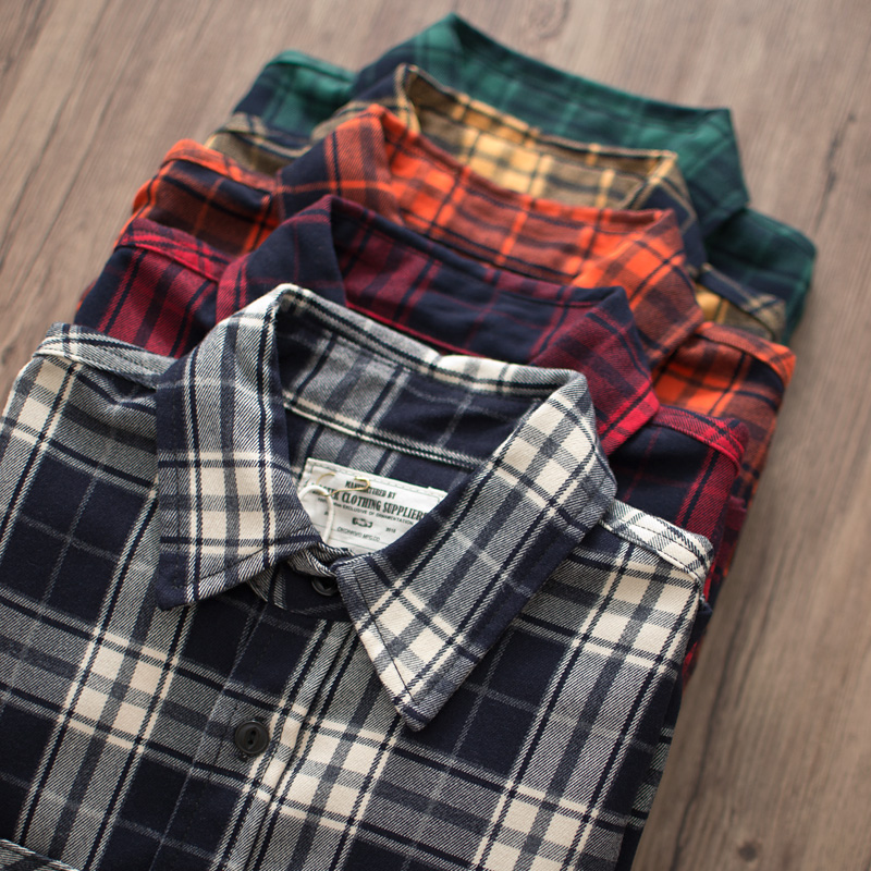 Flannel Plaid Shirt Heavy Weight - 秋の新アメリカンレトロ 300 グラムヘビーウェイト長袖ラペルチェック柄カーゴシャツメンズシンプルな洗浄ダブルポケットカジュアルブラウス