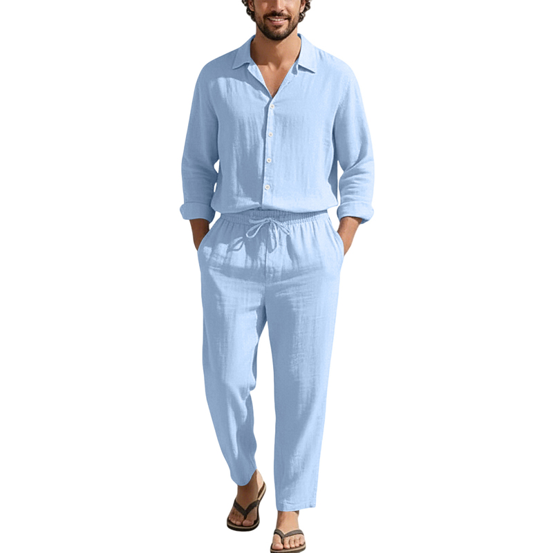 Mens Linen Shirt Long Sleeve - 春夏リネンカジュアルセットゆったりビーチ長袖シャツ+ロングパンツ無地通気性ターンダウンカラーファッションセット