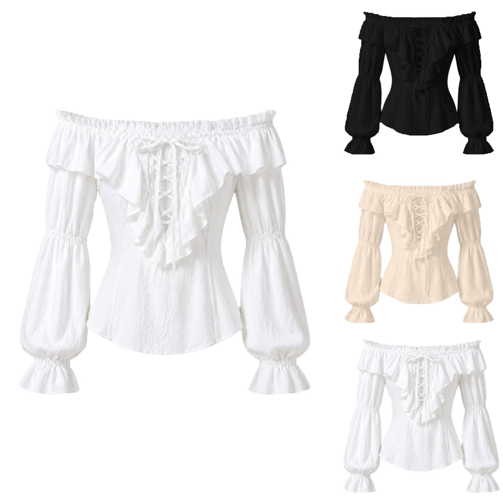 女性用海賊シャツ ルネサンス ゴシック ラッフル レースアッ - Medieval Gothic Lace Up Pirate Shirt のレビューと価格