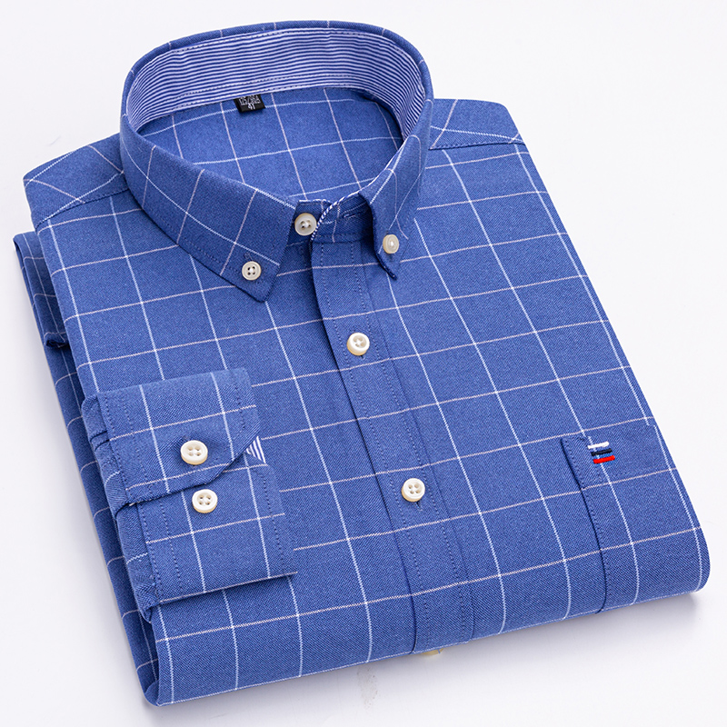 男性用オックスフォードストライプチェックシャツ、100% ピ - Oxford Cotton Casual Shirt Business のレビューと価格