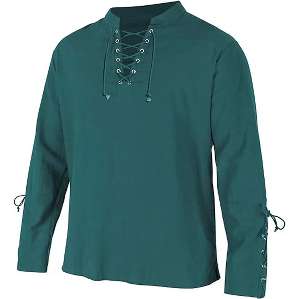 メンズ長袖シャツレースアップ V ネックカフ中世海賊ドレスア - Medieval Gothic Lace Up Pirate Shirt のレビューと価格