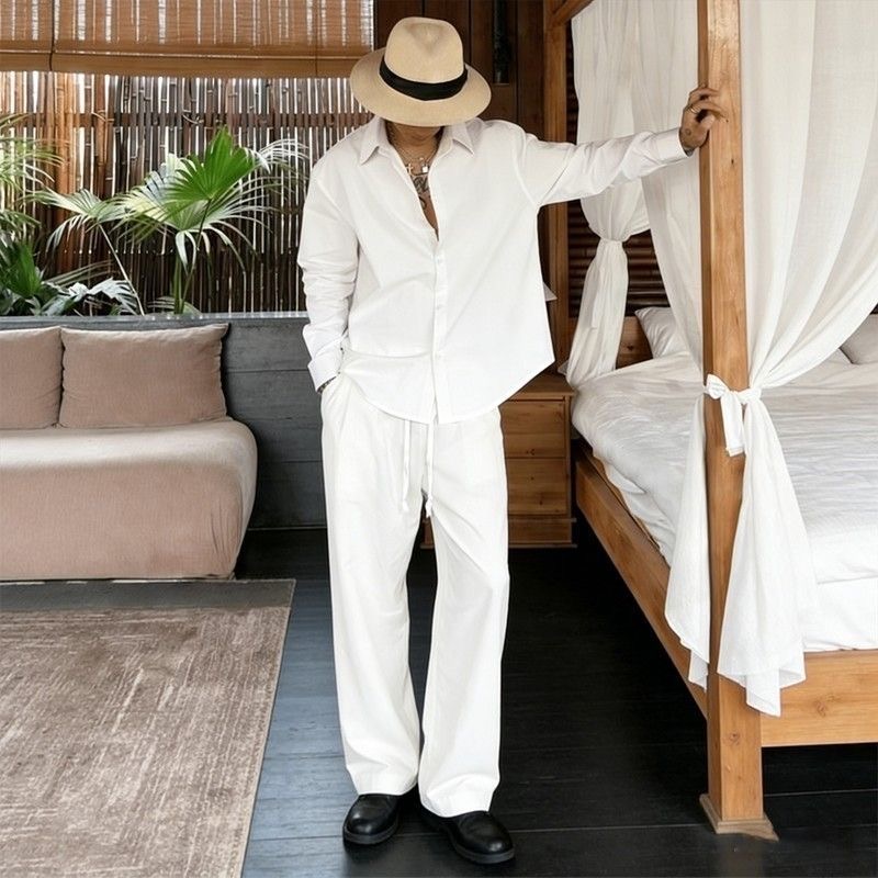 タグキタの夏用、若い男性向け、ホワイトリネンセット、ルーズフ - Mens Linen Shirt Long Sleeve のレビューと価格