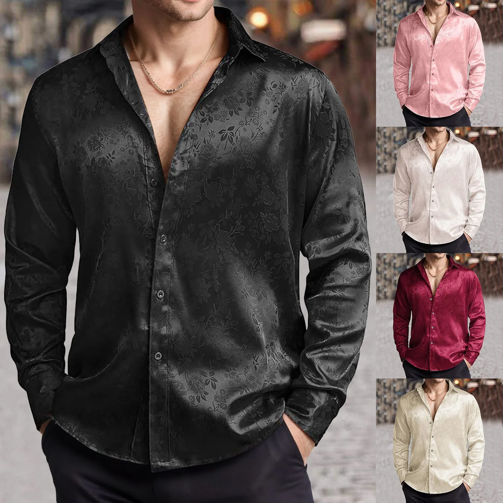 メンズ模造シルクサテンドレスシャツジャカード長袖花ボタンアッ - Mens Satin Silk Dress Shirt のレビューと価格