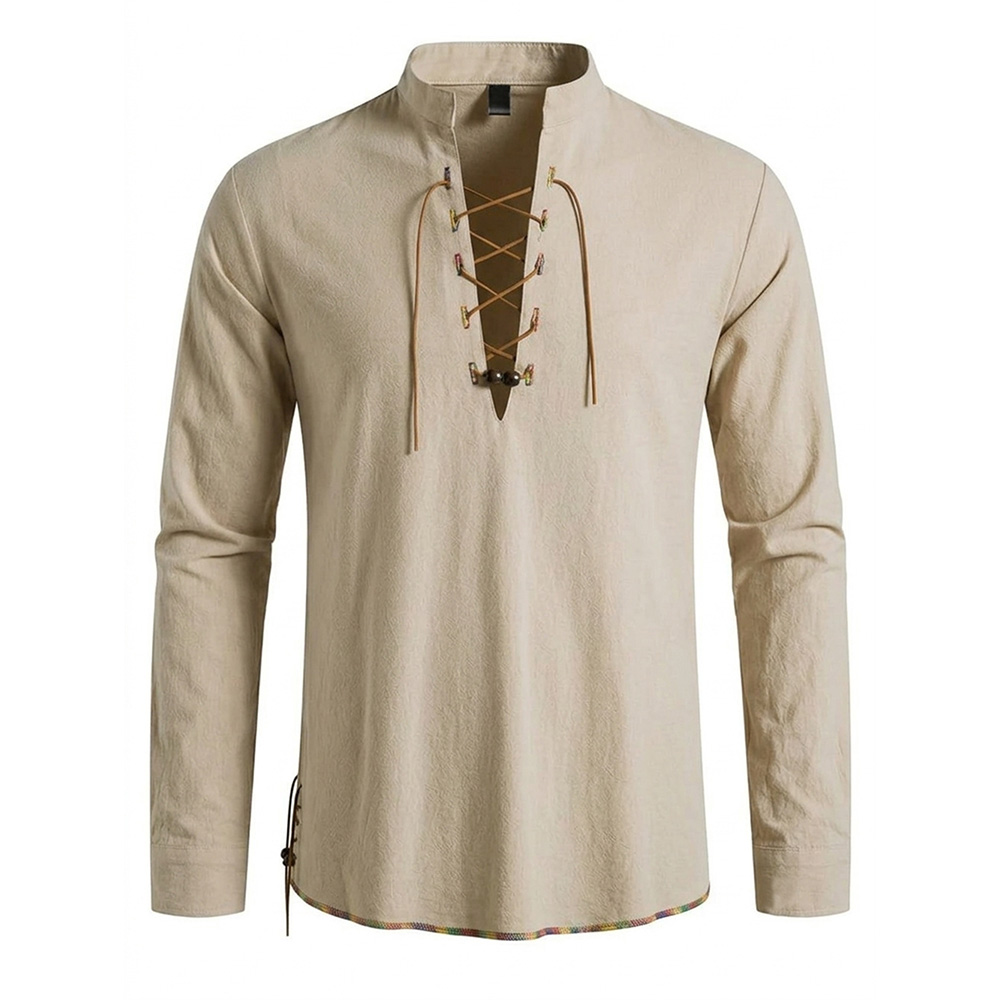 メンズ ヘンリーネック 中世風シャツ レトロ バイキング パ - Medieval Gothic Lace Up Pirate Shirt のレビューと価格