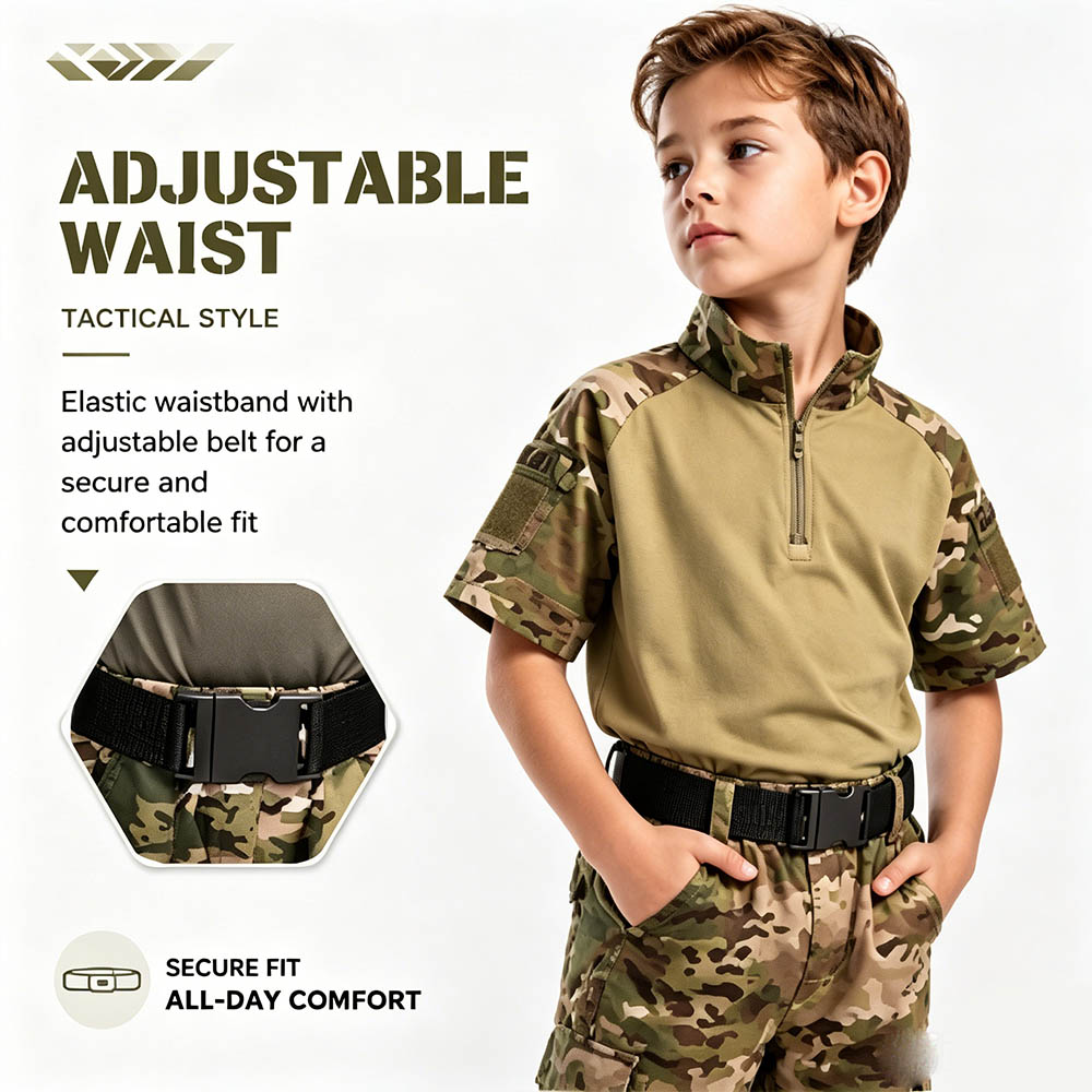 子供用迷彩戦術フロッグスーツ半袖Tシャツカーゴパンツベルト付 - Tactical Military Shirt Cargo のレビューと価格