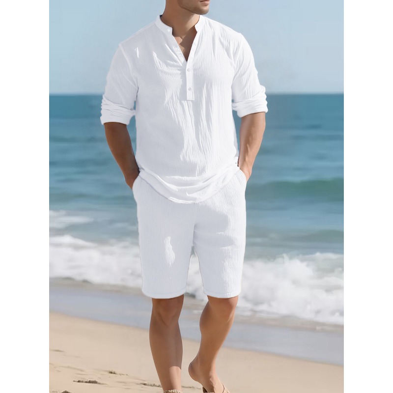 メンズ ホワイト リネンブレンド ツーピースセット ヘンリー - Mens Linen Shirt Long Sleeve のレビューと価格