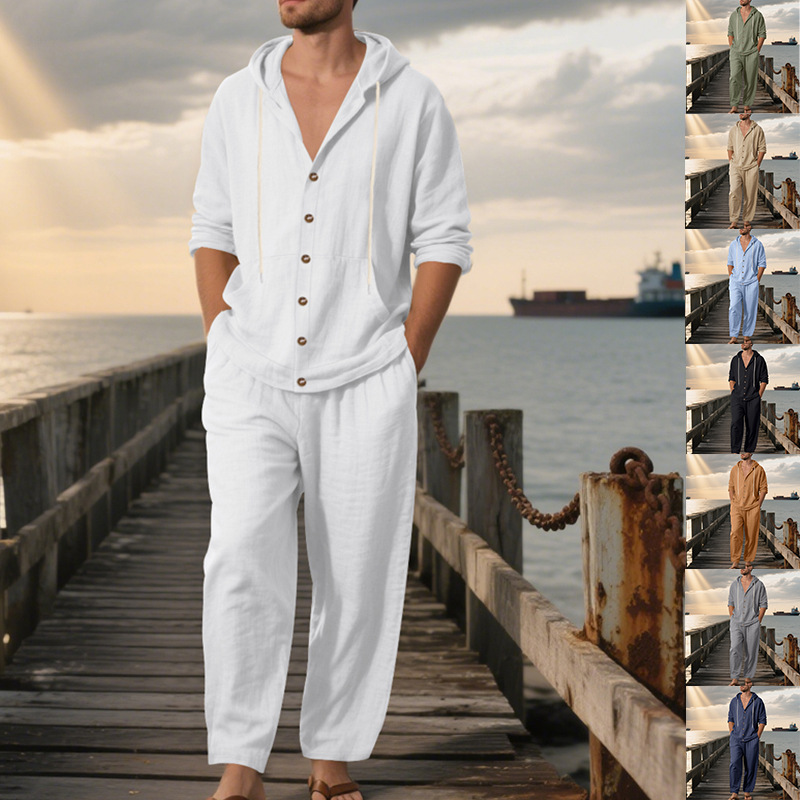 夏のメンズアメリカンルーズリネンフード付き長袖シャツと長ズボ - Mens Linen Shirt Long Sleeve のレビューと価格