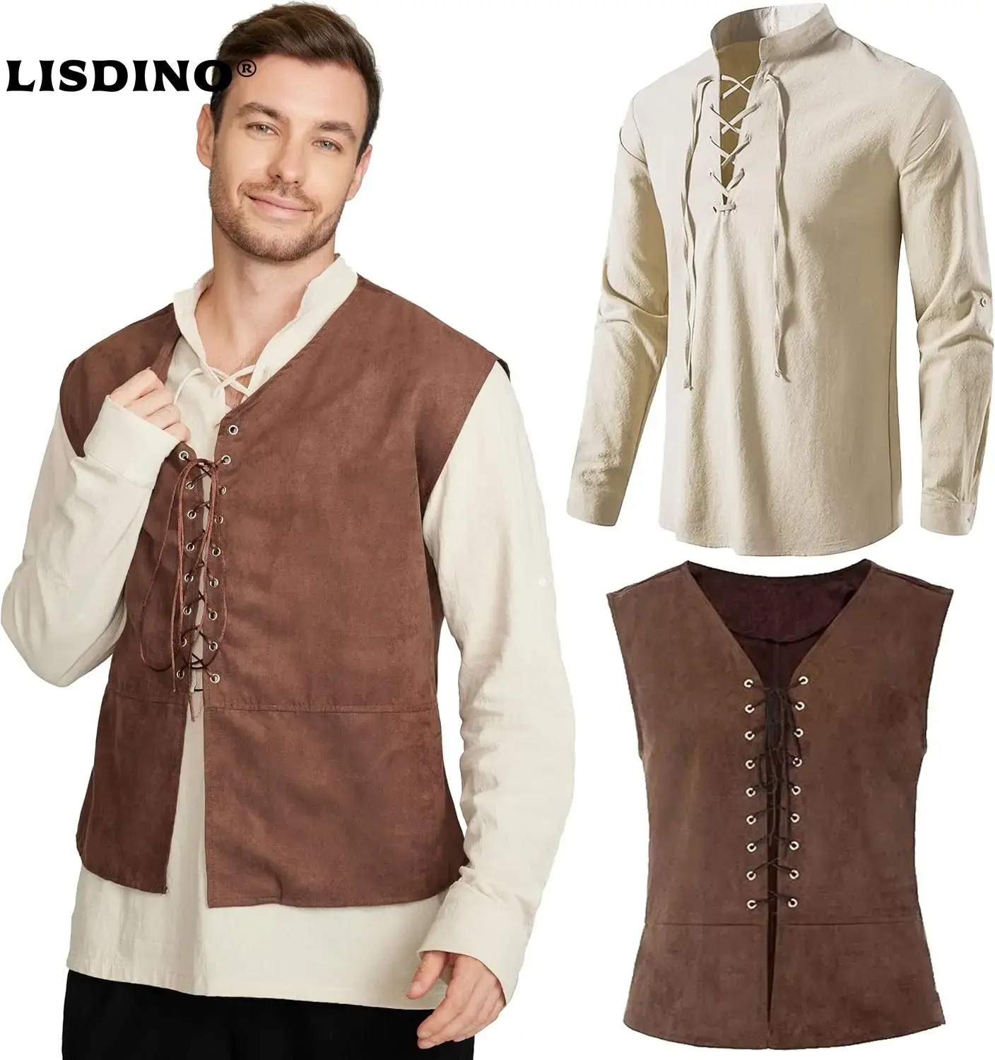 2点セット メンズ 中世海賊ベスト 長袖シャツ 中世ルネサン - Medieval Gothic Lace Up Pirate Shirt のレビューと価格