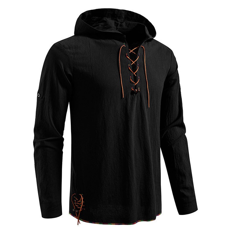 メンズ長袖フード付きTシャツ コットン製 中世海賊風 レース - Medieval Gothic Lace Up Pirate Shirt のレビューと価格