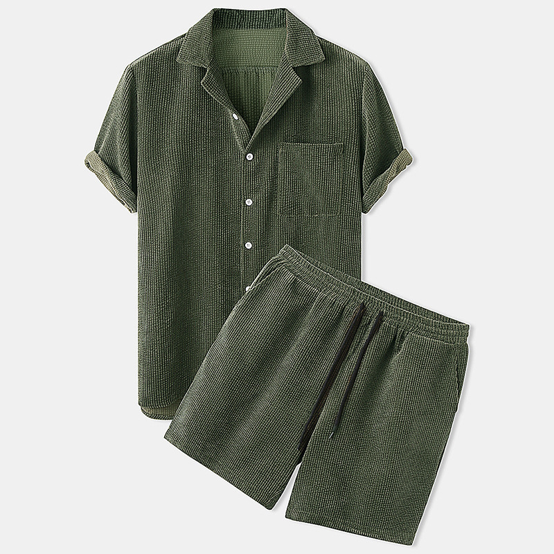 2025 新しいメンズ夏のコーデュロイシャツとショーツセット - Corduroy Button Up Shirt Men のレビューと価格
