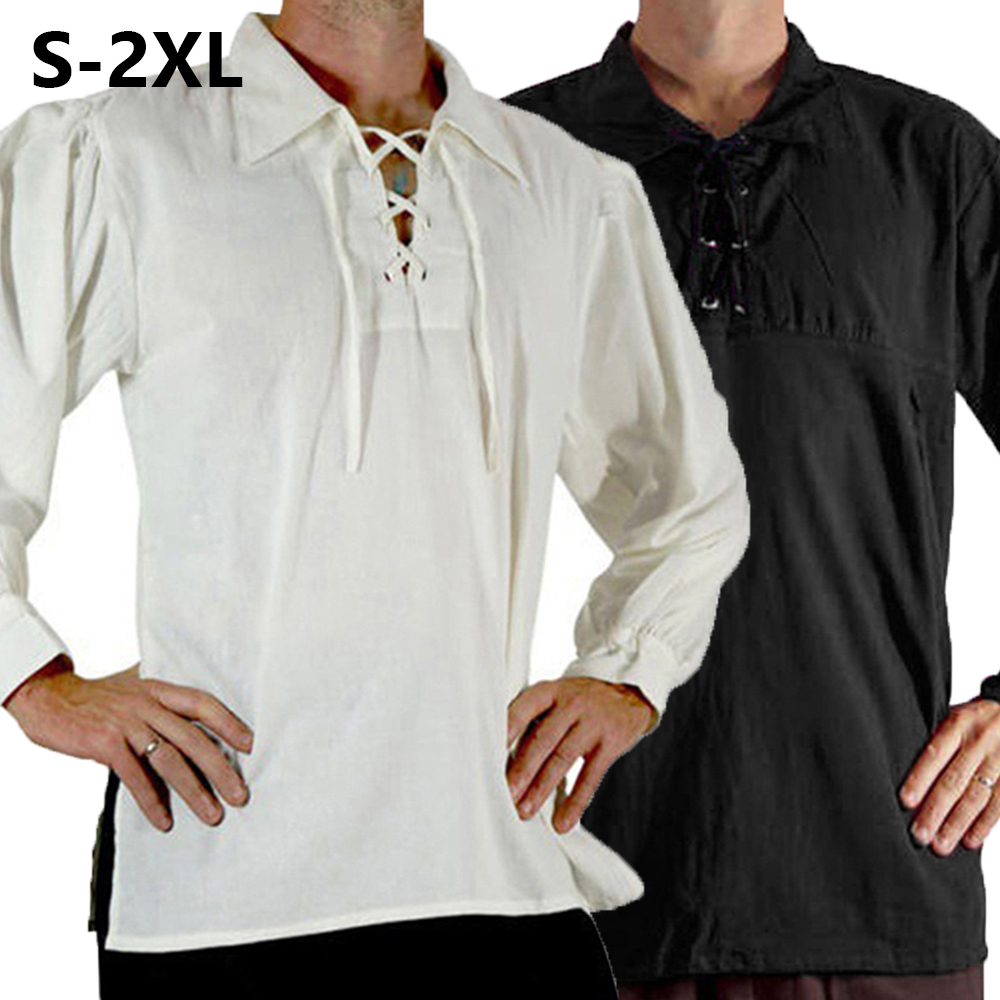 男性中世ルネッサンス衣装海賊シャツ新郎チュニックトップゴシッ - Medieval Gothic Lace Up Pirate Shirt のレビューと価格