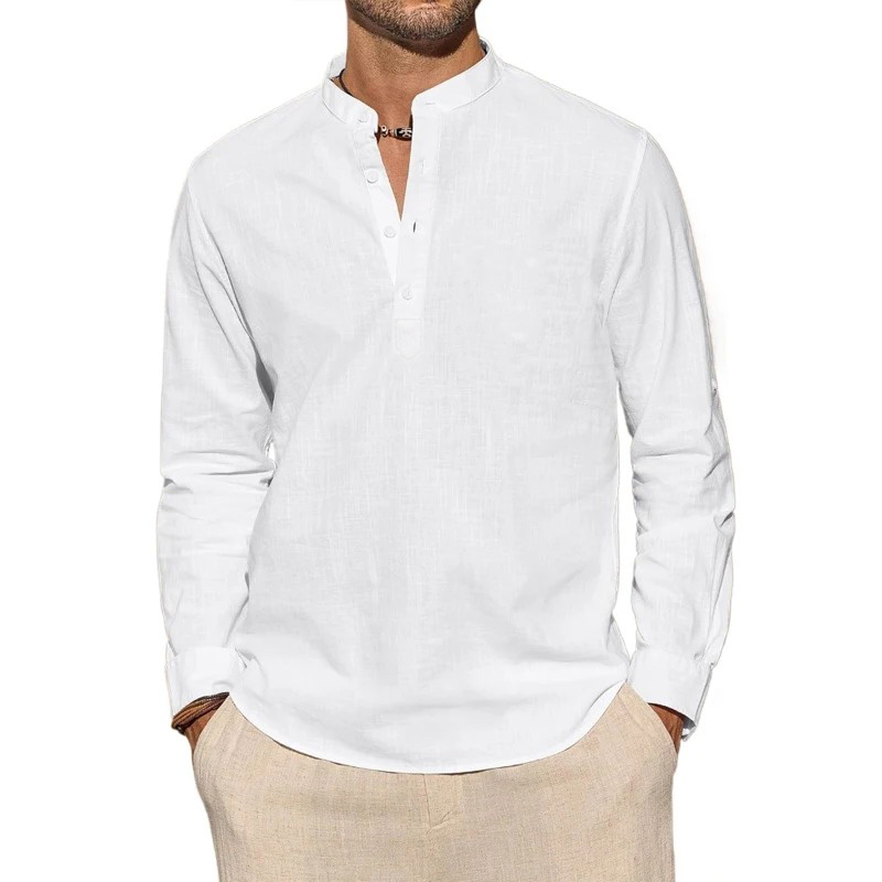 メンズ長袖Tシャツ カジュアル 軽量 通気性 ヘンリーネック - Mens Linen Shirt Long Sleeve のレビューと価格