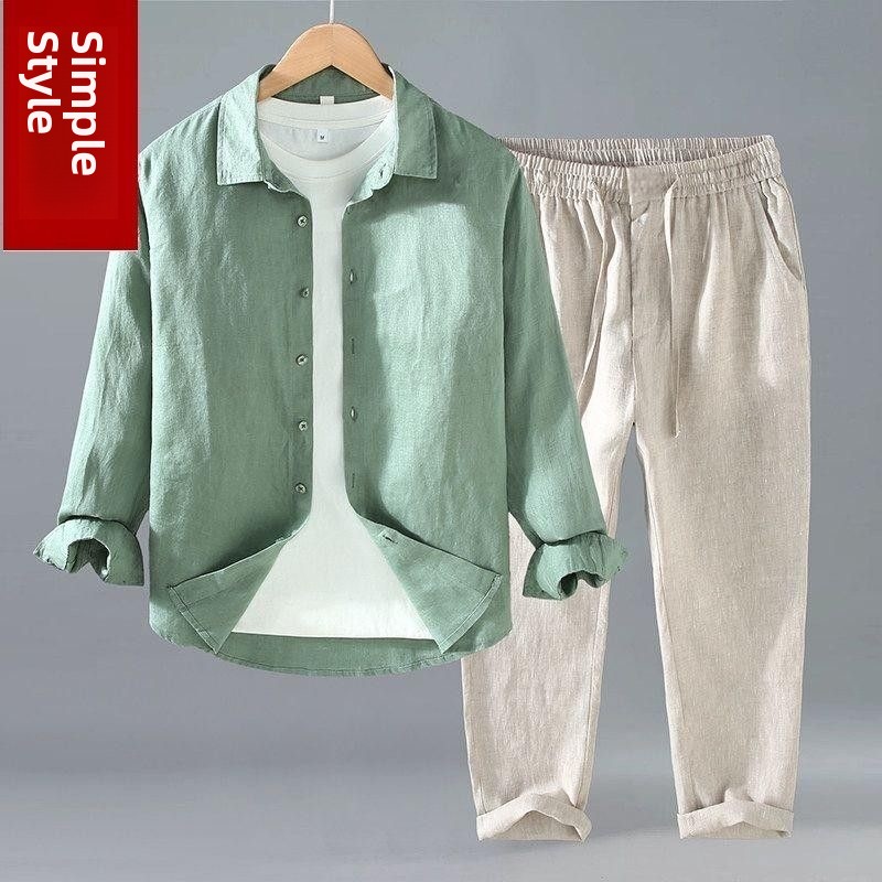 リネン素材のメンズカジュアル半袖シャツと長ズボンの2点セット - Mens Linen Shirt Long Sleeve のレビューと価格