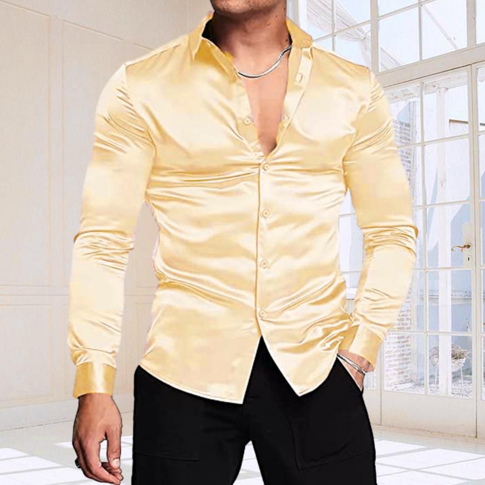 スタイリッシュなメンズシャツ、光沢のあるシルクのようなサテン - Mens Satin Silk Dress Shirt のレビューと価格
