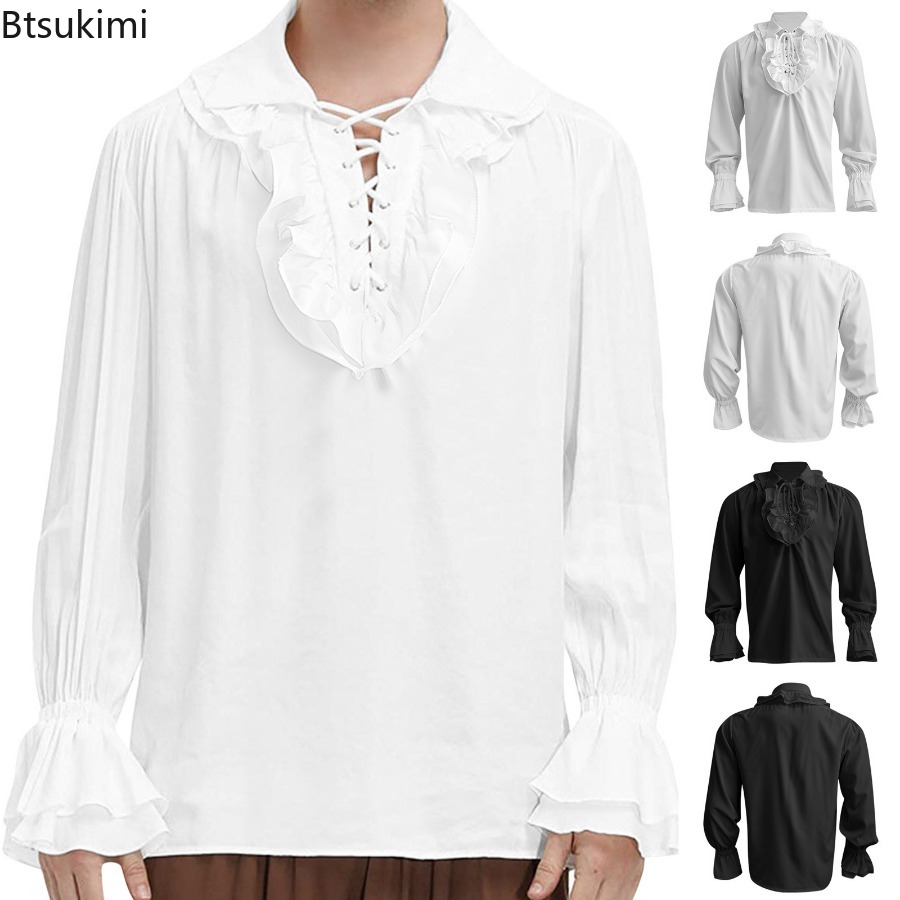 メンズ中世ルネッサンス海賊シャツビクトリア朝フリルスチームパ - Medieval Gothic Lace Up Pirate Shirt のレビューと価格